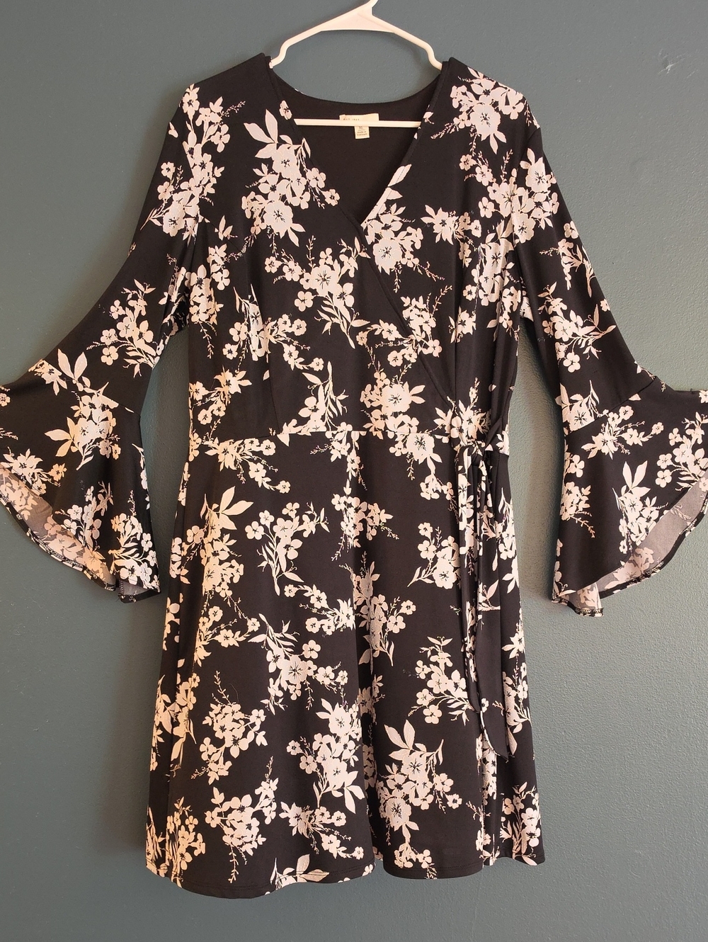 Floral Wrap Dress with Bell Sleeves - Black & Cream/Soft Blue - Picture 1 of 5
